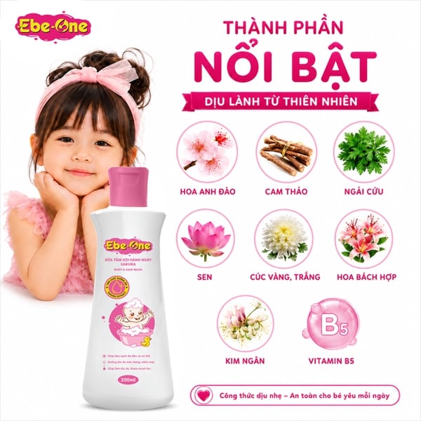 Sữa Tắm Gội Hàng Ngày Sakura Ebe-One - Làm sạch nhẹ nhàng, giữ ẩm tự nhiên, thơm tóc bé yêu!
