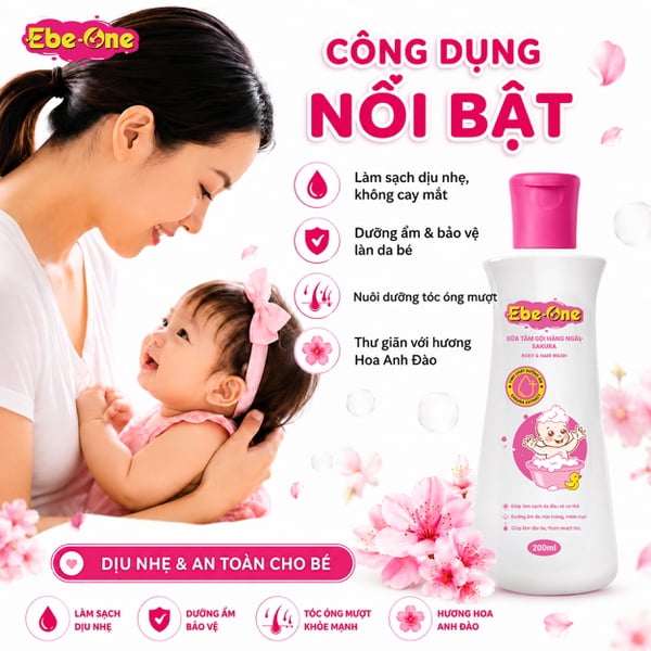 Sữa Tắm Gội Hàng Ngày Sakura Ebe-One - Làm sạch nhẹ nhàng, giữ ẩm tự nhiên, thơm tóc bé yêu!