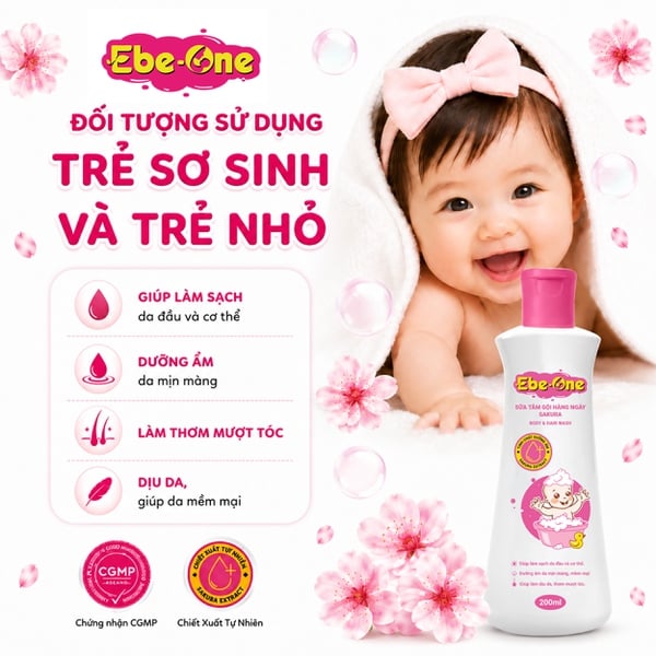 Sữa Tắm Gội Hàng Ngày Sakura Ebe-One - Làm sạch nhẹ nhàng, giữ ẩm tự nhiên, thơm tóc bé yêu!