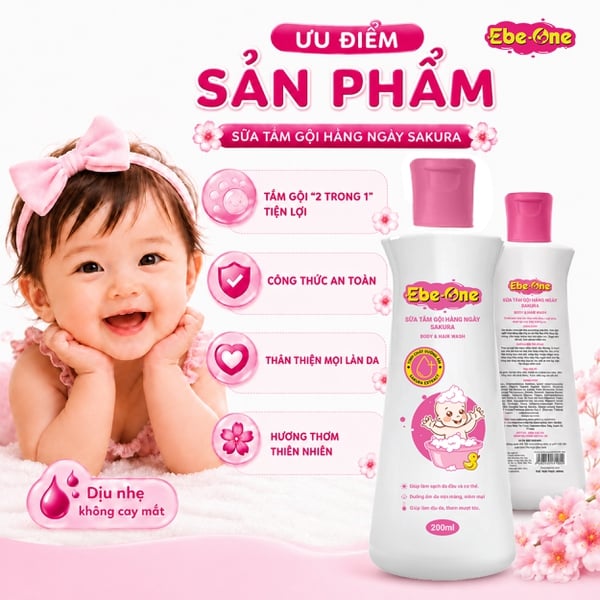 Sữa Tắm Gội Hàng Ngày Sakura Ebe-One - Làm sạch nhẹ nhàng, giữ ẩm tự nhiên, thơm tóc bé yêu!