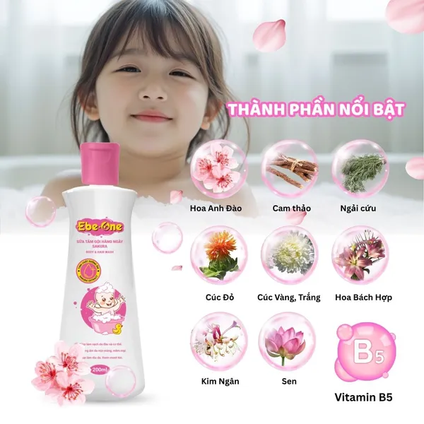 Sữa Tắm Gội Hàng Ngày Sakura Ebe-One - Làm sạch nhẹ nhàng, giữ ẩm tự nhiên, thơm tóc bé yêu!