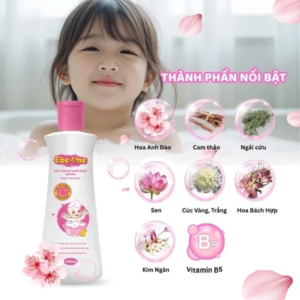 Sữa Tắm Gội Hàng Ngày Sakura Ebe-One - Làm sạch nhẹ nhàng, giữ ẩm tự nhiên, thơm tóc bé yêu!