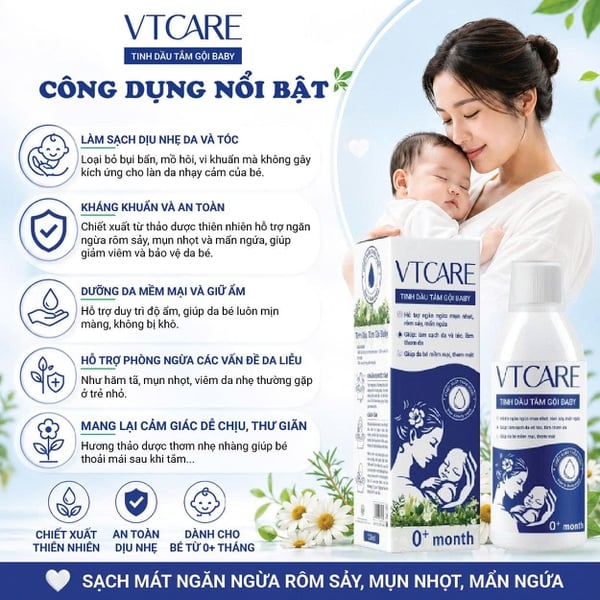 Tinh dầu tắm gội Baby VTCARE - Sạch mát ngăn ngừa rôm sảy, mụn nhọt, mẩn ngứa