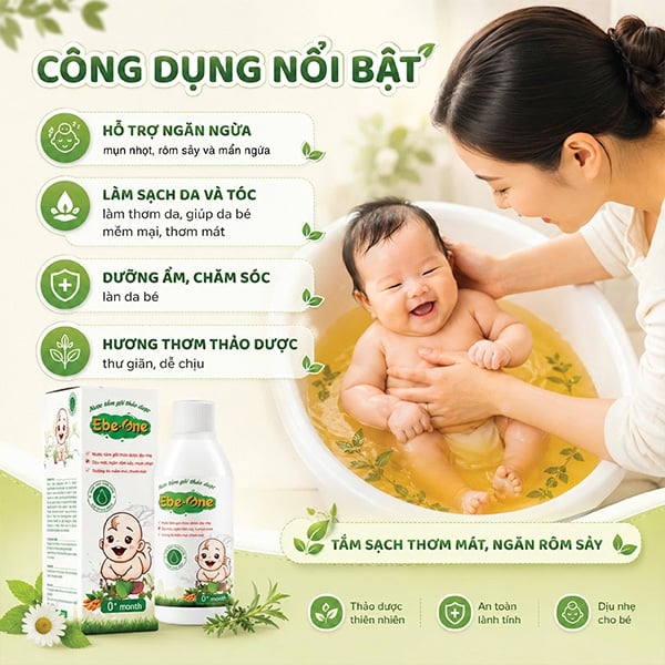Nước Tắm Gội Thảo Dược Ebe-One tắm sạch, thơm mát, ngăn rôm sảy