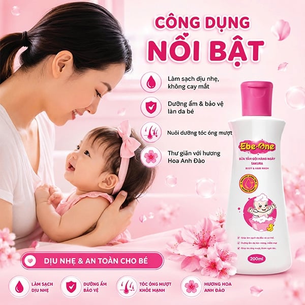 Sữa Tắm Gội Hàng Ngày Sakura Ebe-One - Làm sạch nhẹ nhàng, giữ ẩm tự nhiên, thơm tóc bé yêu!