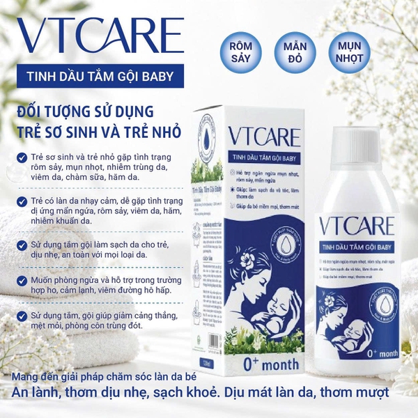 Tinh dầu tắm gội Baby VTCARE - Sạch mát ngăn ngừa rôm sảy, mụn nhọt, mẩn ngứa