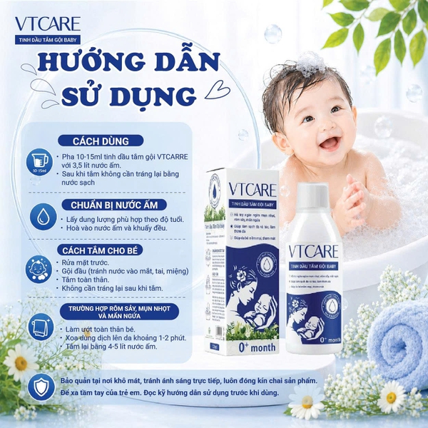 Tinh dầu tắm gội Baby VTCARE - Sạch mát ngăn ngừa rôm sảy, mụn nhọt, mẩn ngứa