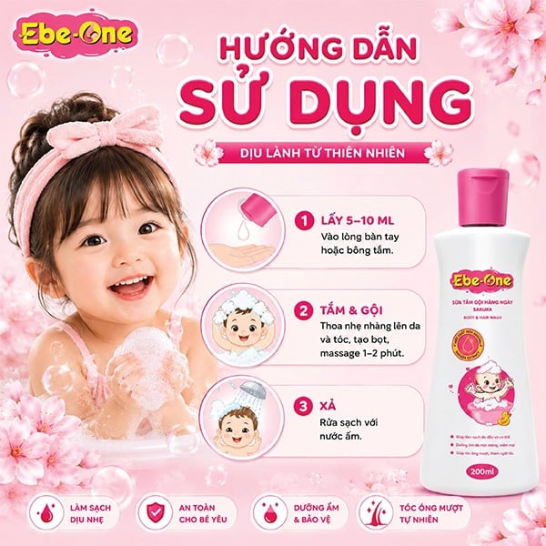 Sữa Tắm Gội Hàng Ngày Sakura Ebe-One - Làm sạch nhẹ nhàng, giữ ẩm tự nhiên, thơm tóc bé yêu!