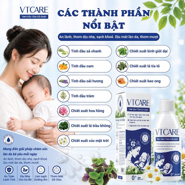 Tinh dầu tắm gội Baby VTCARE - Sạch mát ngăn ngừa rôm sảy, mụn nhọt, mẩn ngứa