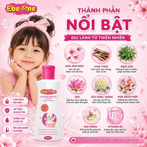 Sữa Tắm Gội Hàng Ngày Sakura Ebe-One - Làm sạch nhẹ nhàng, giữ ẩm tự nhiên, thơm tóc bé yêu!