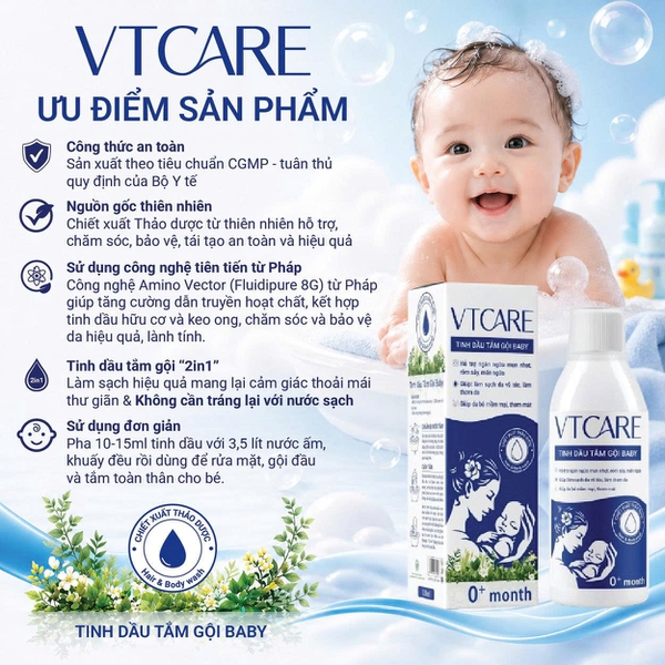 Tinh dầu tắm gội Baby VTCARE - Sạch mát ngăn ngừa rôm sảy, mụn nhọt, mẩn ngứa