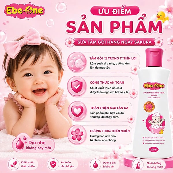 Sữa Tắm Gội Hàng Ngày Sakura Ebe-One - Làm sạch nhẹ nhàng, giữ ẩm tự nhiên, thơm tóc bé yêu!