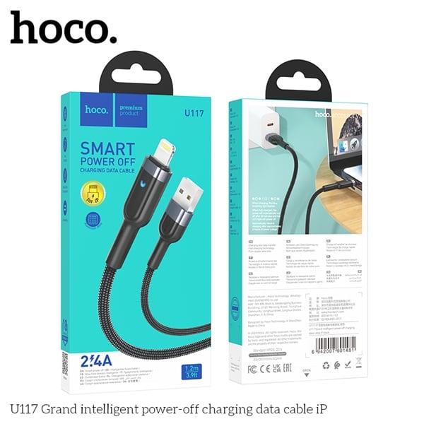 Cáp sạc nhanh Hoco U117 USB to IP bọc dù siêu bền chống rối chính hãng _spU117IPDen 