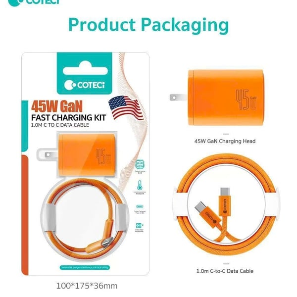 Bộ sạc nhanh GaN 45W COTECi iH143USA chân gập Mỹ kèm cáp C to C 1m giá tốt sp_ iH143USA
