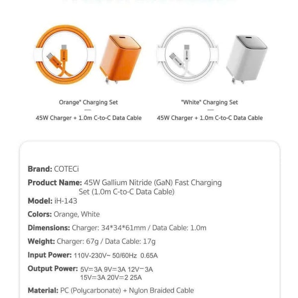 Bộ sạc nhanh GaN 45W COTECi iH143USA chân gập Mỹ kèm cáp C to C 1m giá tốt sp_ iH143USA
