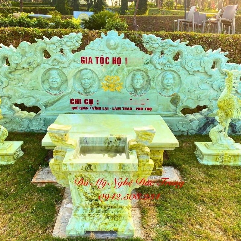 Khu Thờ Tự Lăng Mộ Đá Ngọc Serpentine Cao Cấp – Bộ Bàn Lễ, Bình Phong & Hạc Đá Phong Thuỷ