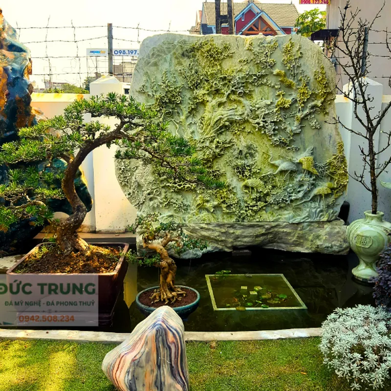 Tranh Tùng Hạc Diên Niên đá ngọc Serpentin nguyên khối chạm khắc tinh xảo