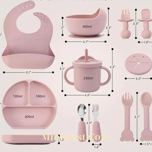 Set đồ ăn dặm cho bé silicon: yếm, khay, muỗng