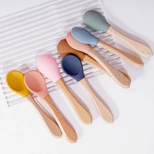  Muỗng silicon cho bé ăn dặm - muỗng silicone chuôi gỗ 