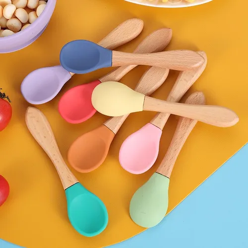  Muỗng silicon cho bé ăn dặm - muỗng silicone chuôi gỗ 