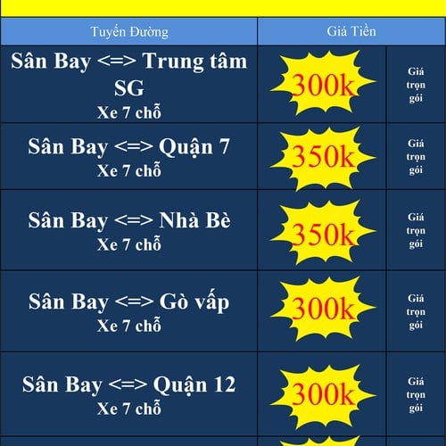 BẢNG GIÁ XE 7 CHỖ TỪ SÂN BAY ĐI TRUNG TÂM