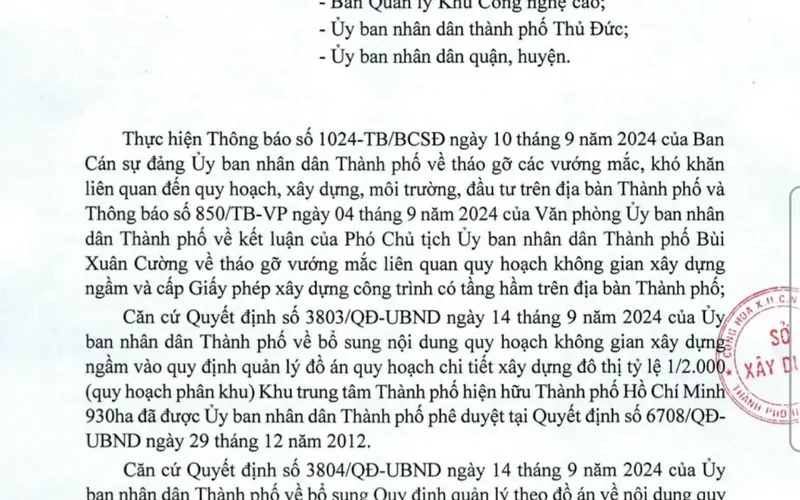 Về việc cấp Giấy phép xây dựng công trình có hầm trên địa bàn Tp. Hồ Chí Minh