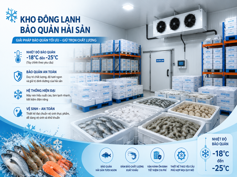 Di dời và lắp đặt kho đông lạnh hải sản 20 khối, nhiệt độ -22 độ C