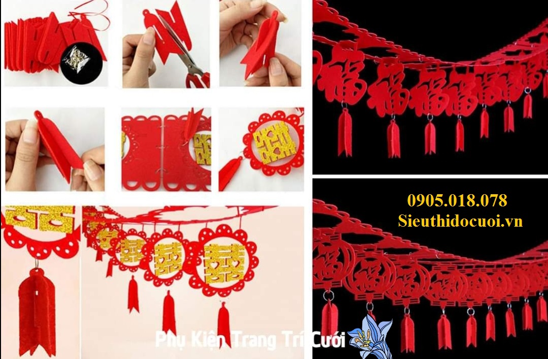 Dây song hỷ trang trí ngày cưới, Lồng đèn cưới Dây song hỷ trang trí ngày cưới, Lồng đèn cưới