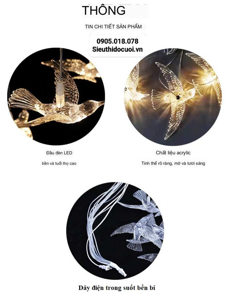 Đèn trang trí rạp cưới led chim trong suốt Đèn trang trí rạp cưới led chim trong suốt