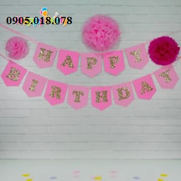 Dây Treo Happy Birthday Chủ Đề Hồng Gold Ép Kim Tuyến