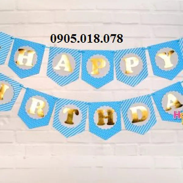 Dây Treo Happy Birthday Chủ Đề Xanh Dương Gold Ép Kim