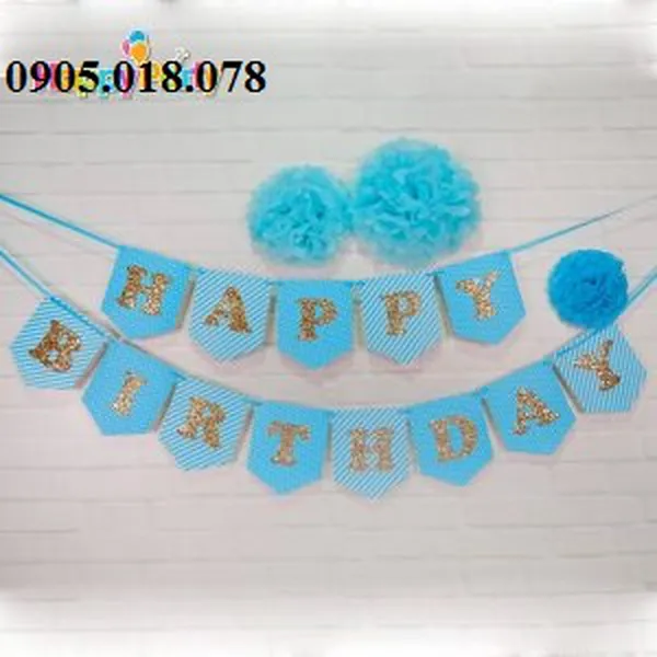 Dây Treo Happy Birthday Chủ Đề Xanh Dương Gold Kim Tuyến