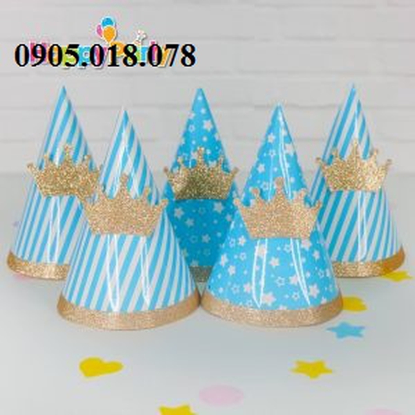 Nón Giấy Sinh Nhật, Mũ Giấy Sinh Nhật Chủ Đề Xanh Dương Gold Kim Tuyến