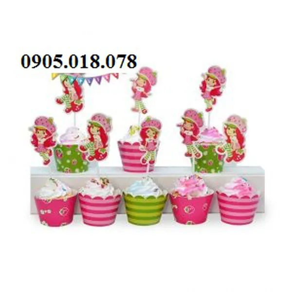 Tem Bánh Cupcake Sinh Nhật Chủ Đề Cô Bé Dâu Tây