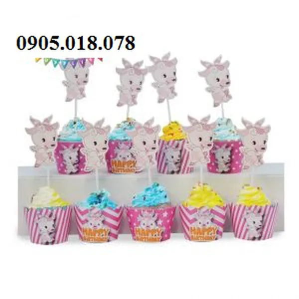 Tem Bánh Cupcake Sinh Nhật Chủ Đề Dê Hồng