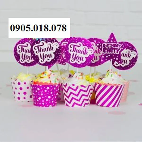 Tem Bánh Cupcake Sinh Nhật Chủ Đề Hồng Ép Kim