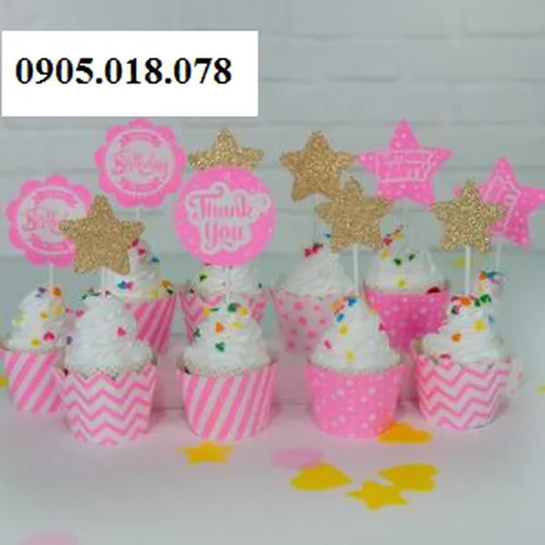 Tem Bánh Cupcake Sinh Nhật Chủ Đề Hồng Gold Ép Kim Tuyến