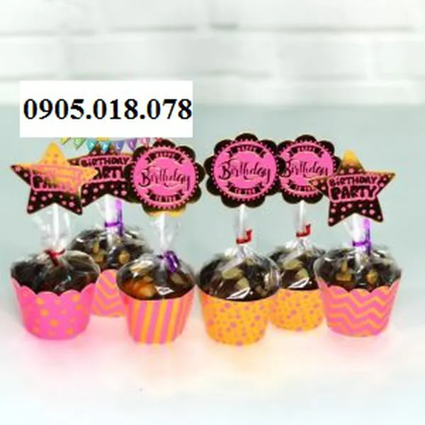 Tem Bánh Cupcake Sinh Nhật Chủ Đề Hồng Gold Ép Kim