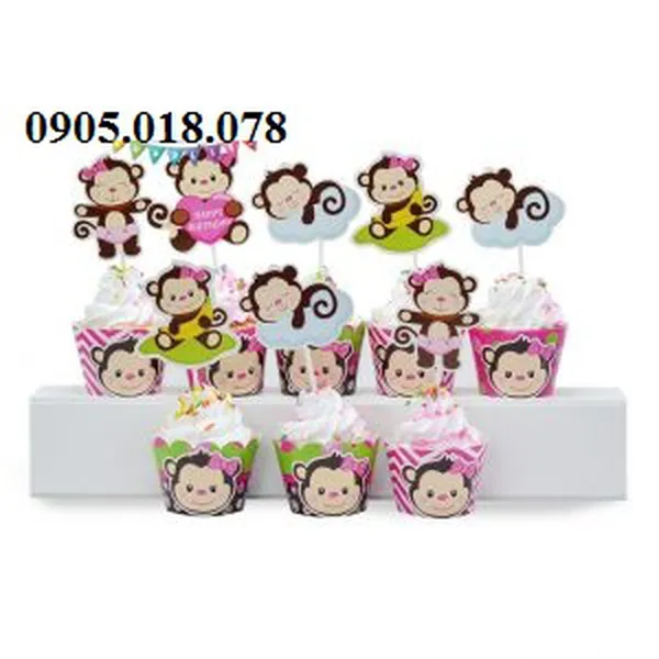 Tem Bánh Cupcake Sinh Nhật Chủ Đề Khỉ Hồng