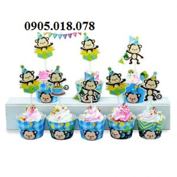 Tem Bánh Cupcake Sinh Nhật Chủ Đề Khỉ Xanh