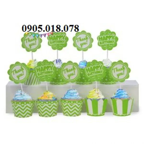 Tem Bánh Cupcake Sinh Nhật Chủ Đề Màu Xanh Lá Cây
