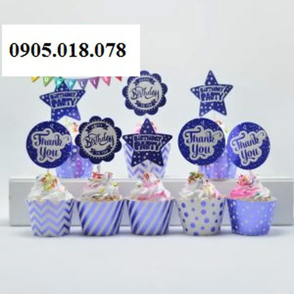 Tem Bánh Cupcake Sinh Nhật Chủ Đề Tím Ép Kim