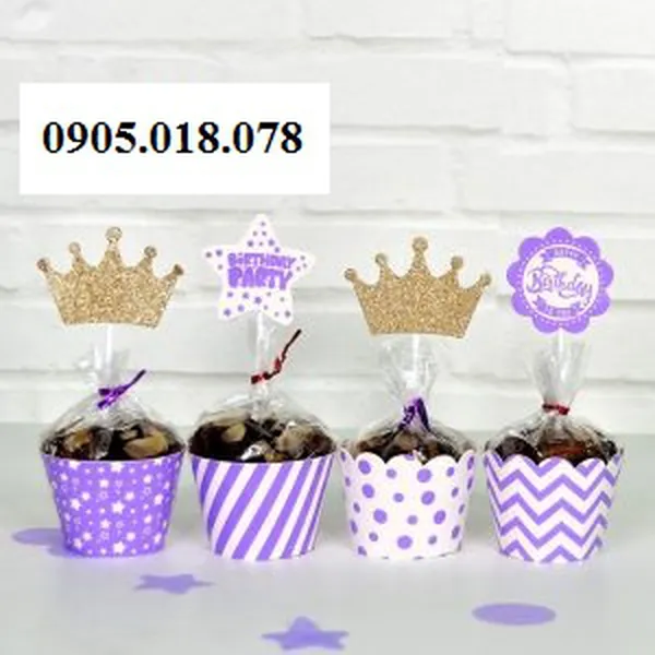 Tem Bánh Cupcake Sinh Nhật Chủ Đề Tím Gold Kim Tuyến
