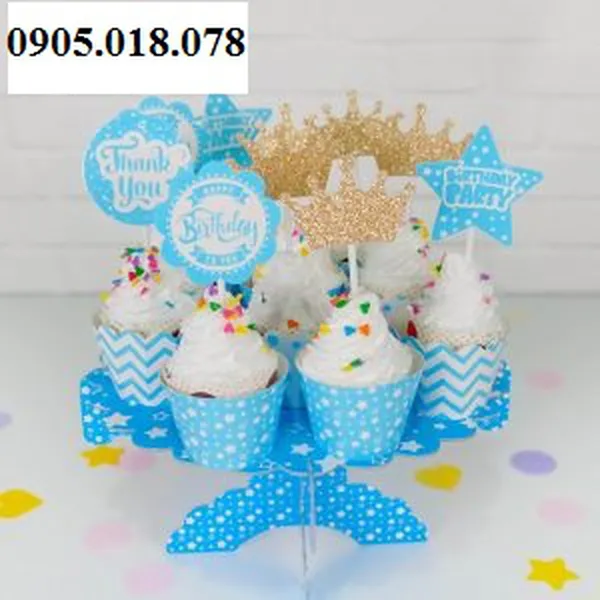 Tem Bánh Cupcake Sinh Nhật Chủ Đề Xanh Dương Ép Kim Tuyến
