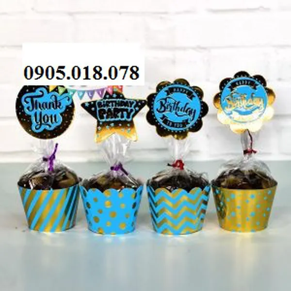 Tem Bánh Cupcake Sinh Nhật Chủ Đề Xanh Dương Gold Ép Kim