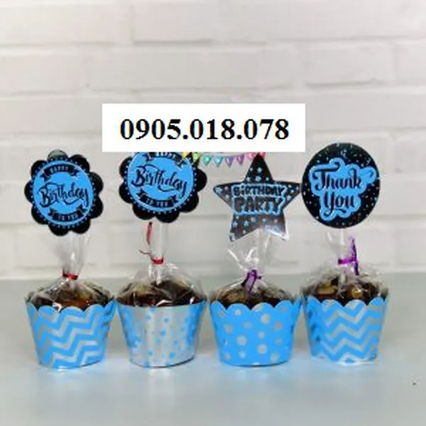 Tem Bánh Cupcake Sinh Nhật Chủ Đề Xanh Dương Silver Ép Kim