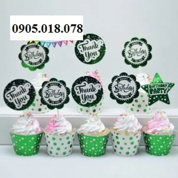 Tem Bánh Cupcake Sinh Nhật Chủ Đề Xanh Lá Ép Kim