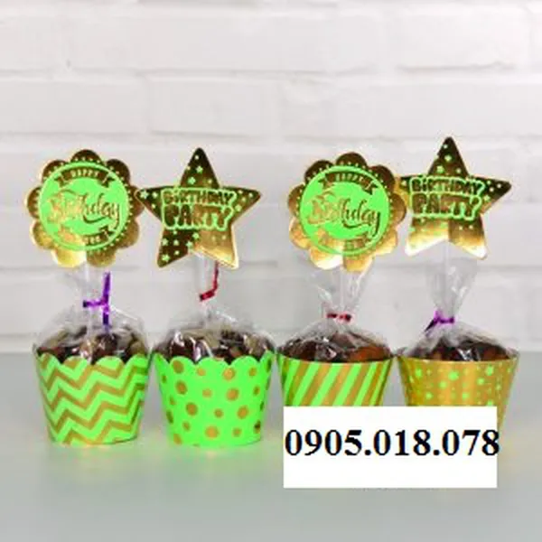 Tem Bánh Cupcake Sinh Nhật Chủ Đề Xanh Lá Goldr Ép Kim