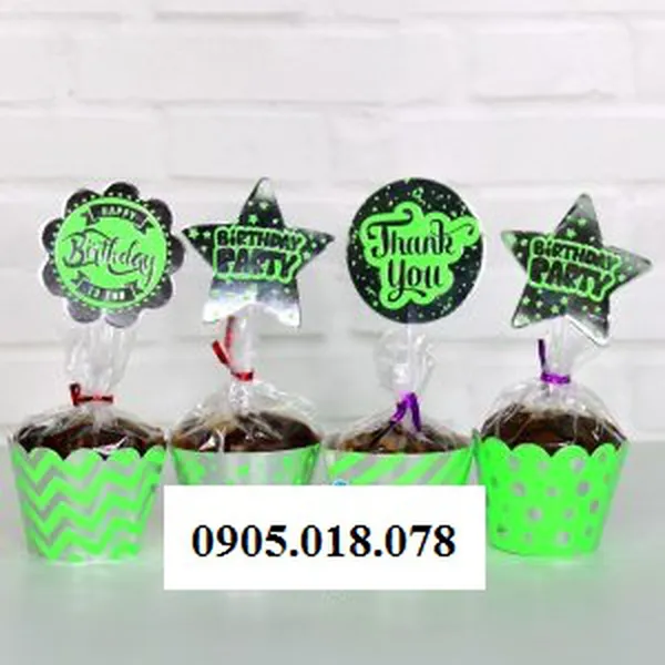 Tem Bánh Cupcake Sinh Nhật Chủ Đề Xanh Lá Silver Ép Kim