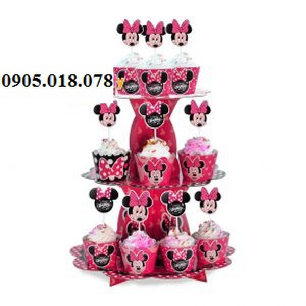 Tháp Bánh Cupcake Sinh Nhật Chủ Đề Minnie Hồng